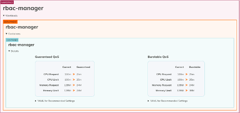 This screenshot is from Goldilocks which shows output from an example kind (Kubernetes in Docker) cluster.