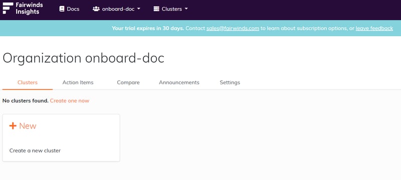 Fairwinds Insights screenshot of creating a cluster dashboard