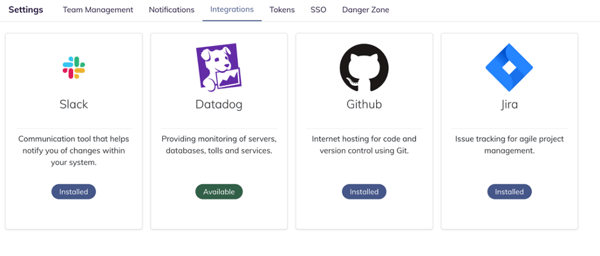 Slack, GitHub, Datadog, and Jira icons in Integrations page