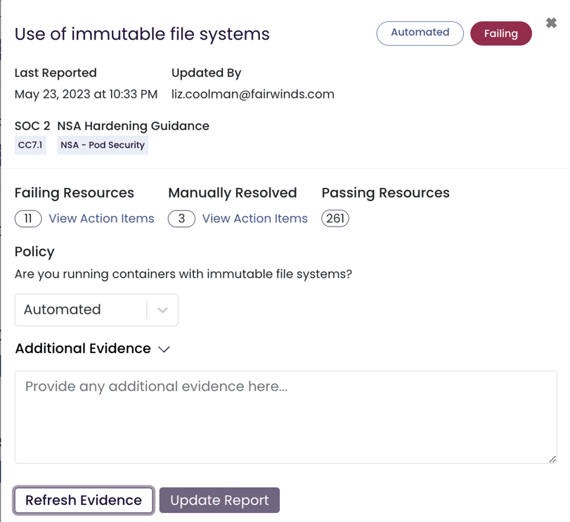 Automated evidence collection checks in Fairwinds Insights