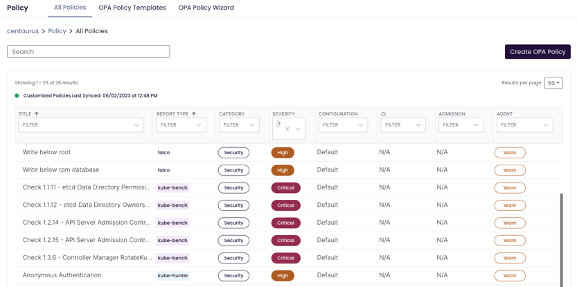 Fairwinds Insights Policy tab - all policies