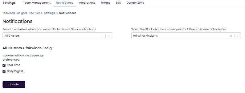 Notifications tab in Fairwinds Insights