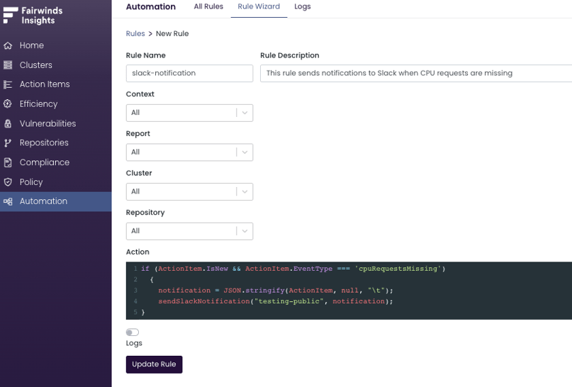 Fairwinds Insights Automation Rules allows you to send Action Item alerts to specific channels