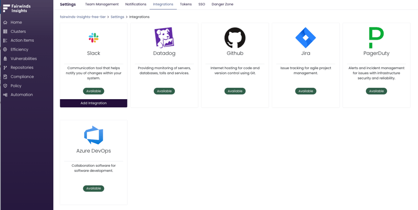 Integrations page in Fairwinds Insights