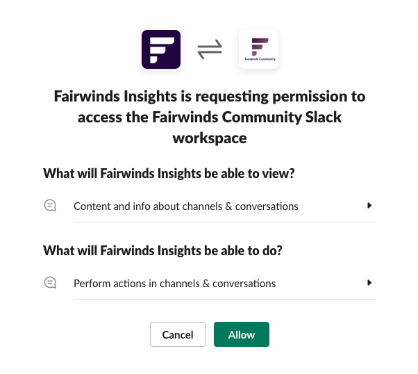 Fairwinds Insights seeking permission to be able to post to Slack. 